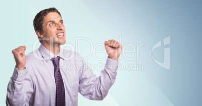 Man in lavender two fists against blue background