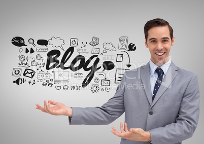 Businessman with blog social media graphics drawings