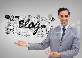 Businessman with blog social media graphics drawings