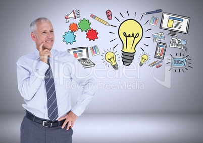 Businessman with ideas and computer graphic drawings