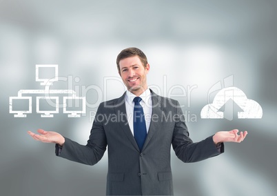 Man choosing or deciding server or cloud computing with open palm hands