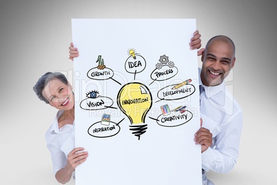 Happy business people holding card with illustration of innovation process