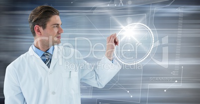 Man in lab coat with glass device against flare and motion blur