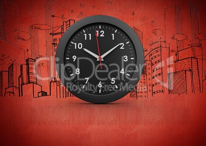 3D Clock against red background with city buildings drawings