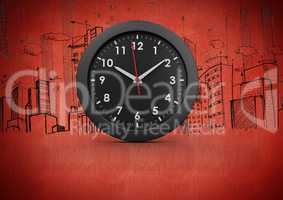 3D Clock against red background with city buildings drawings