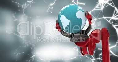 Red robot claw with globe and white interface against blurry grey room