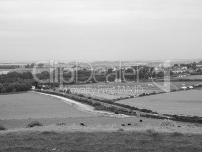 English country panorama in Salisbury in black and white