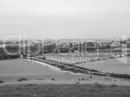 English country panorama in Salisbury in black and white