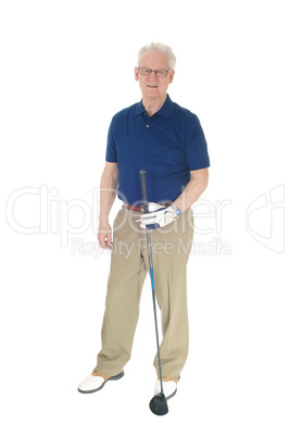 Senior man standing with golf iron.