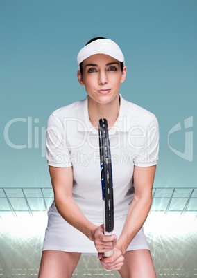 Tennis player in stadium with bright lights and blue sky