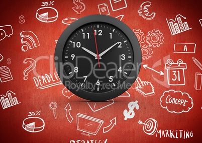 3D Clock against red background with business drawing graphic icons