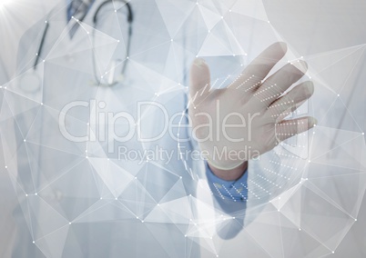 White interface with flare in front of doctor with hand out against blurry window