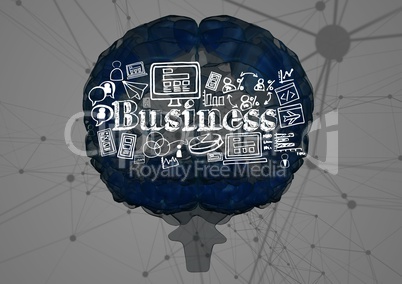 Blue brain with white business doodles against interface