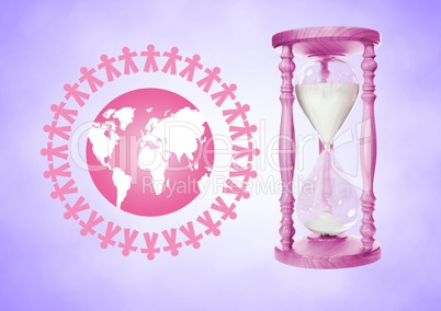 People together around the world illustration with Pink Egg Timer containing sand against purple bac