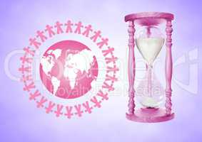 People together around the world illustration with Pink Egg Timer containing sand against purple bac