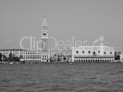 St Mark square seen fron St Mark basin in Venice in black and white