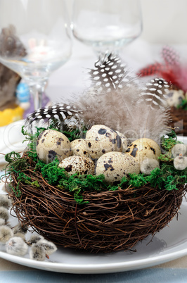 Quail easter eggs in a nest on wooden table