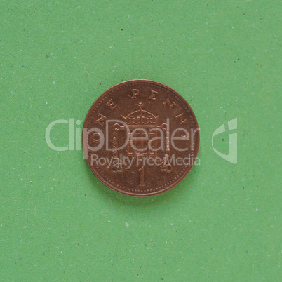 1 penny coin, United Kingdom over green