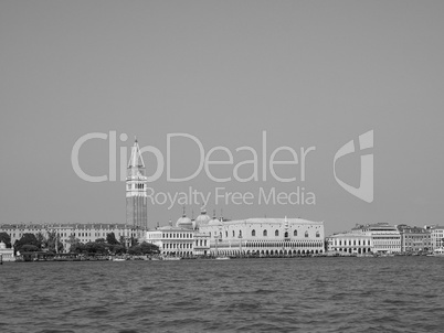 St Mark square seen fron St Mark basin in Venice in black and white