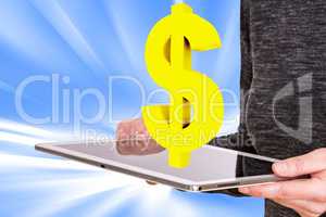 Woman holding tablet pc with dollar sign