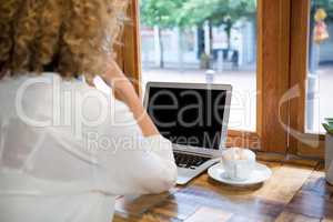 Rear view of woman using laptop in cafeteria