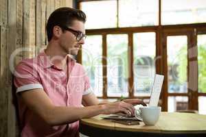 Handsome young man using laptop at table in coffee shop