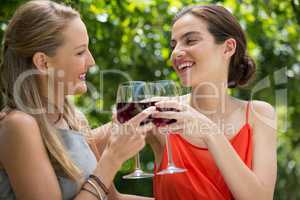 Smiling female friends toasting red wine glasses at restaurant