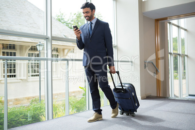 Businessman with trolley bag using mobile phone