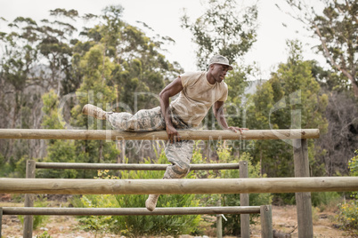 Military soldier training on fitness trail