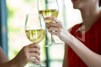 Women toasting wine glasses in restaurant