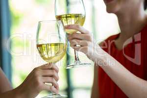 Women toasting wine glasses in restaurant