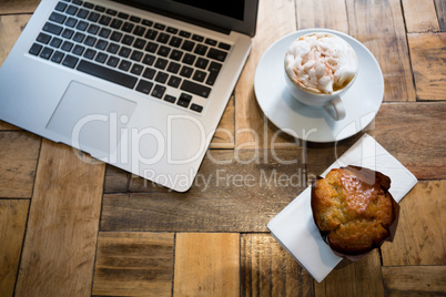 Laptop with coffee and muffin on wooden table in cafe