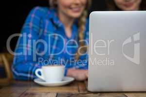 Cropped image of friends using laptop in coffee shop
