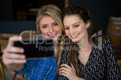 Smiling women taking selfie through smart phone in coffee shop