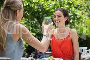 Smiling female friends toasting wine glasses at restaurant