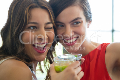 Cheerful women toasting drinks in restaurant