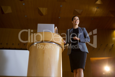 Female business executive giving a speech