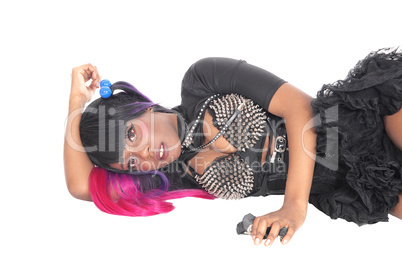 Punk lady lying on floor.