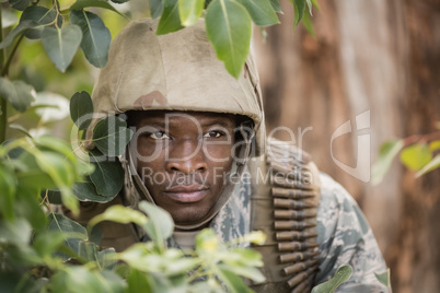 Military soldier hiding behind trees