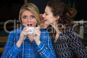 Woman whispering secret into female friend ear in coffee shop