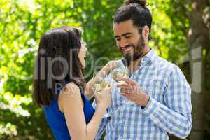 Cheerful couple toasting wine glasses in park