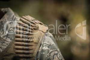 Close-up of military soldiers wearing ammunition