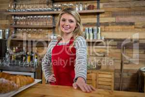 Smiling young female barista at counter in coffee shop
