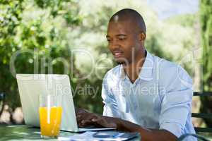 Businessman using laptop at restaurant