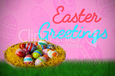 Composite image of multi colored easter eggs in wicker basket