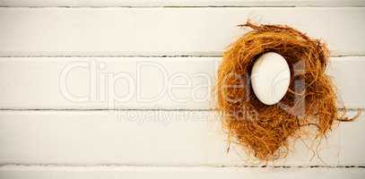 White egg in nest on wooden table