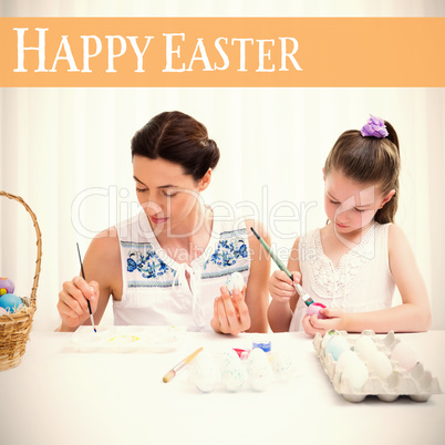 Composite image of mother and daughter painting easter eggs