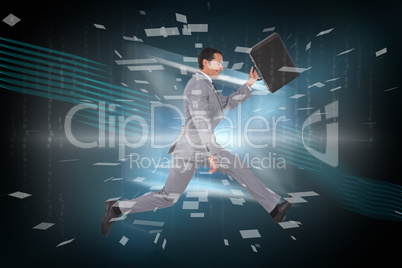 Composite image of businessman running with a suitcase