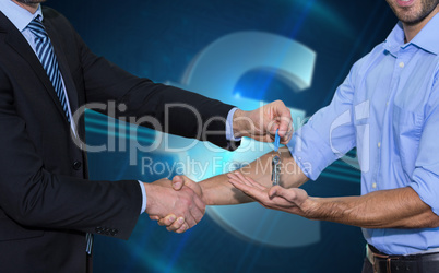 Composite image of smiling businessman giving keys and shaking hands