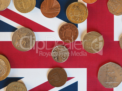 Pound coins, United Kingdom over flag